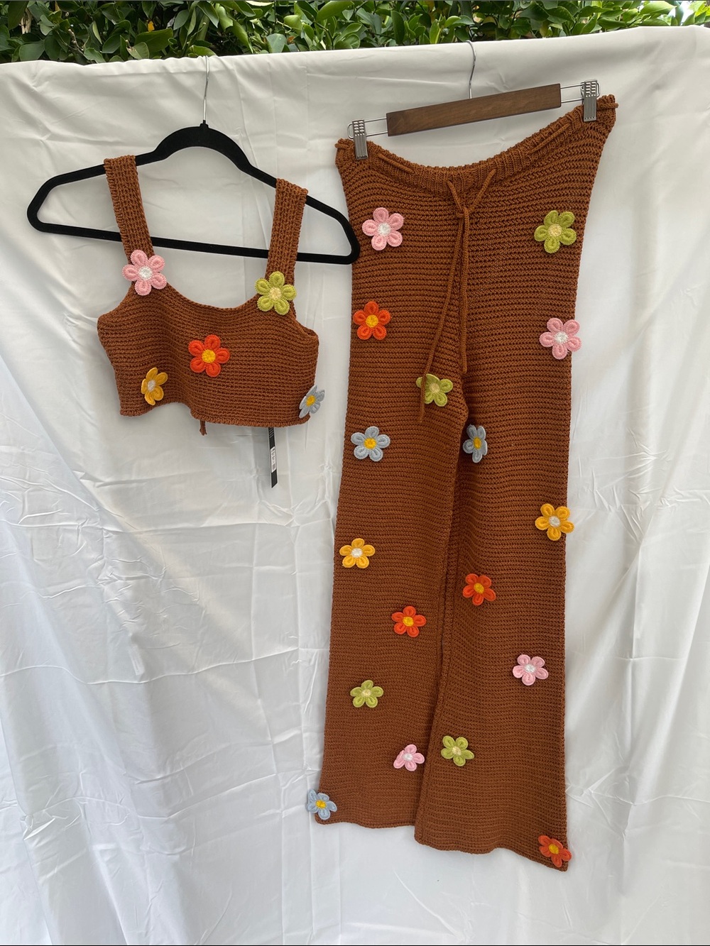 Fashion Nova Brown Crochet Floral Appliqué Joggers & Crop Top Set